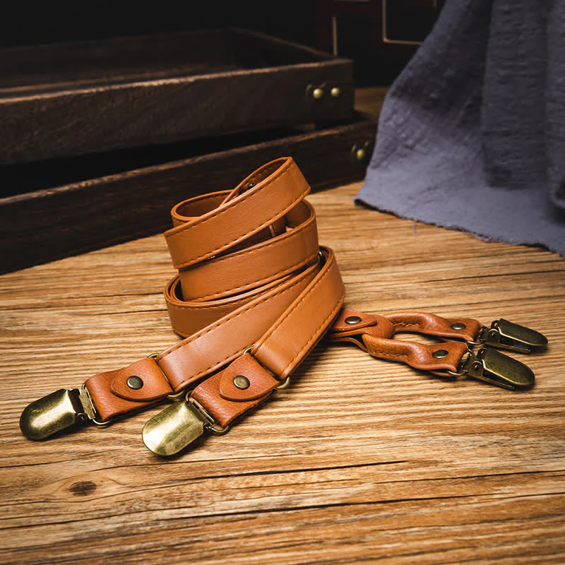 Light Brown Vintage Adjustable Leather Suspenders - Image 2
