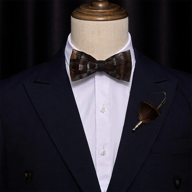 Light Copper Feather Bow Tie with Lapel Pin - Image 2