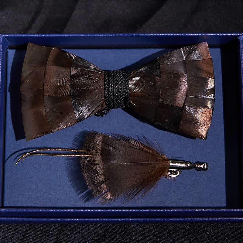 Light Copper Feather Bow Tie with Lapel Pin - Image 3