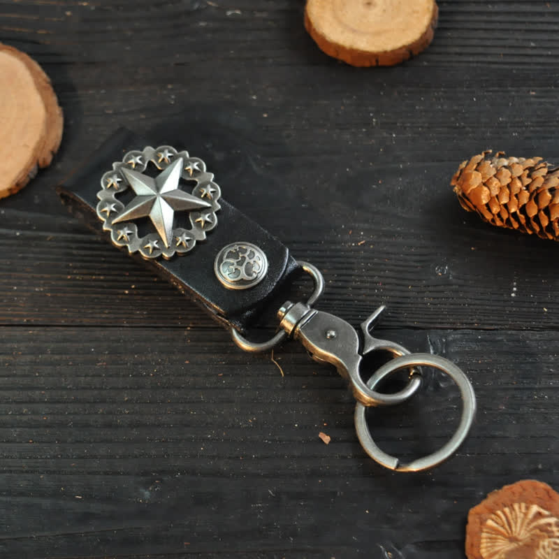 Lone Star Badge Cowhide Leather Keychain - Image 3