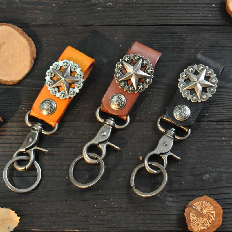 Lone Star Badge Cowhide Leather Keychain - Image 4