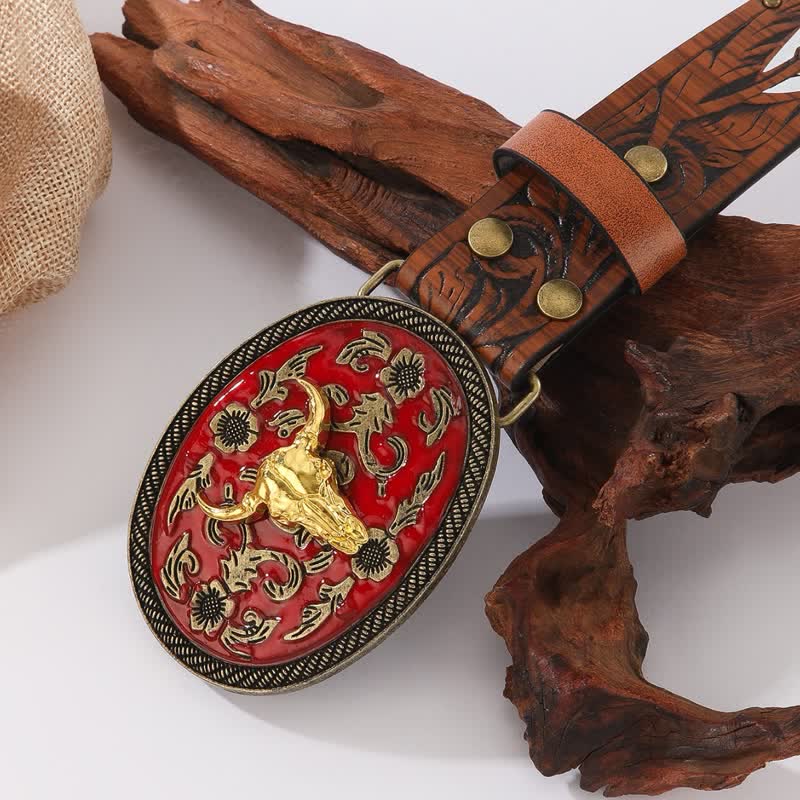 Longhorn Bull Dark Red Buckle Feather Rivet Leather Belt - Image 2