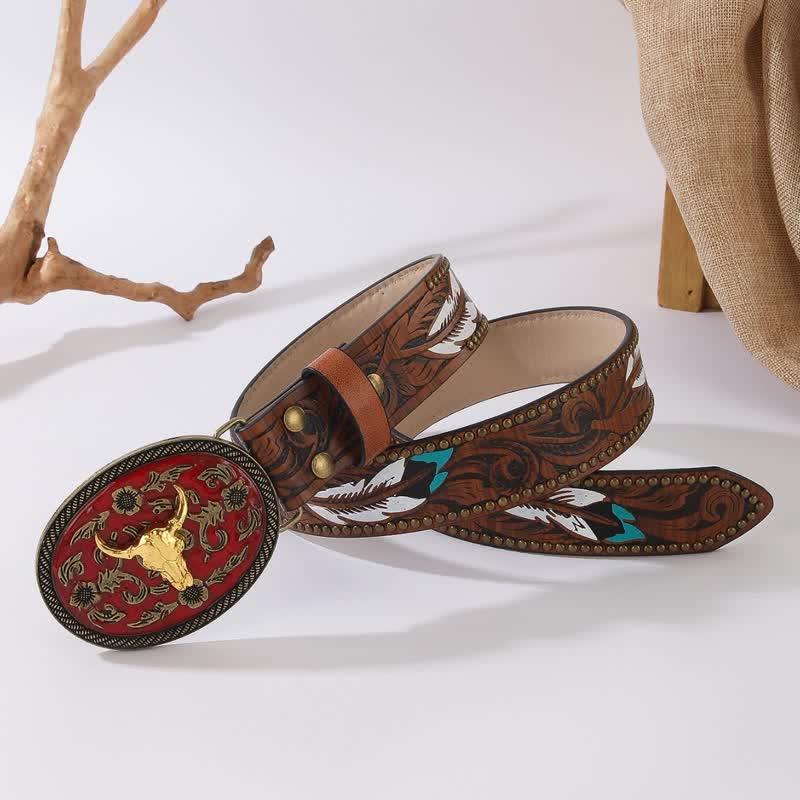 Longhorn Bull Dark Red Buckle Feather Rivet Leather Belt - Image 3