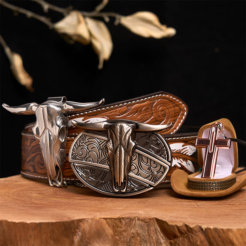 Longhorn Bull DIY Hidden Knife Belt Buckle Cross Necklace Bundle Set