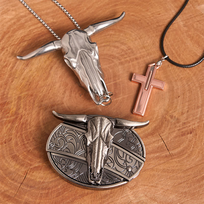Longhorn Bull DIY Hidden Knife Belt Buckle Cross Necklace Bundle Set - Image 2