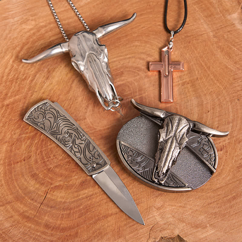 Longhorn Bull DIY Hidden Knife Belt Buckle Cross Necklace Bundle Set - Image 3