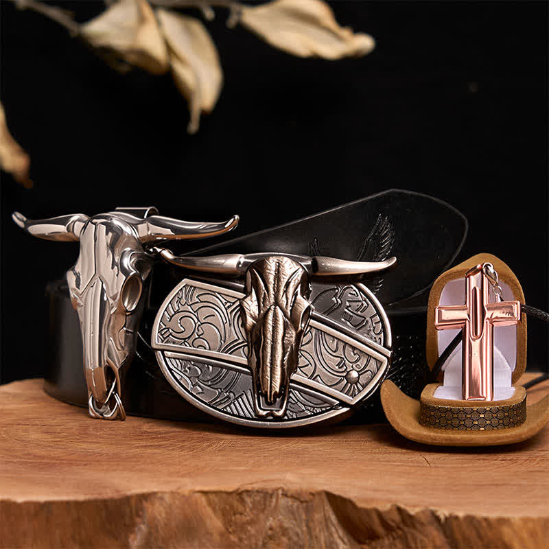 Longhorn Bull DIY Hidden Knife Belt Buckle Cross Necklace Bundle Set - Image 4