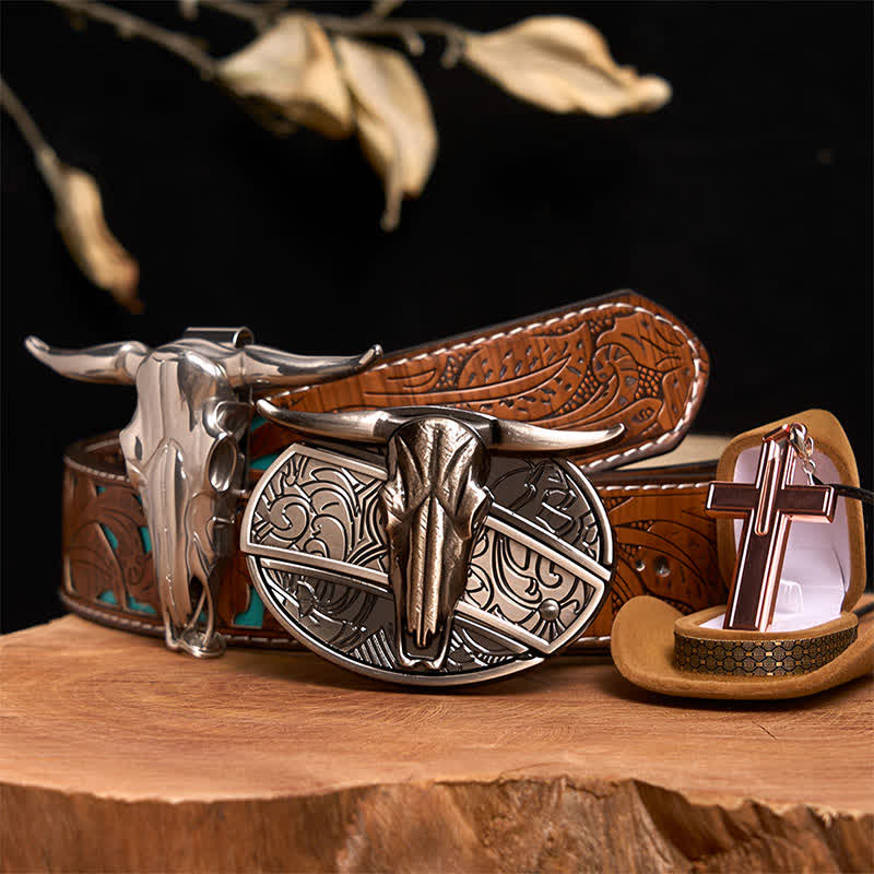 Longhorn Bull DIY Hidden Knife Belt Buckle Cross Necklace Bundle Set - Image 5