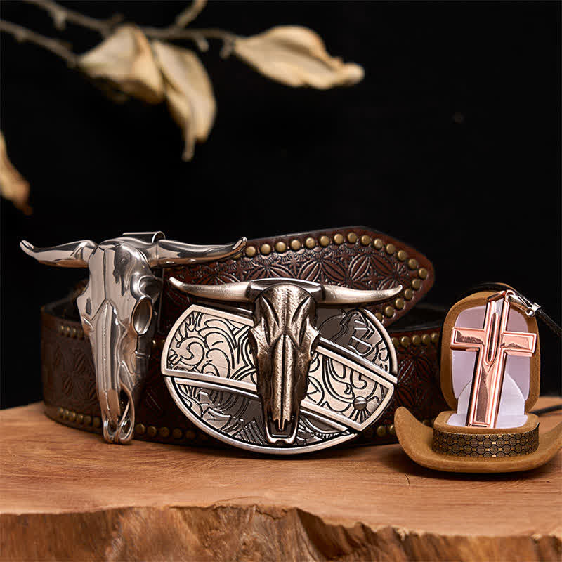 Longhorn Bull DIY Hidden Knife Belt Buckle Cross Necklace Bundle Set - Image 6