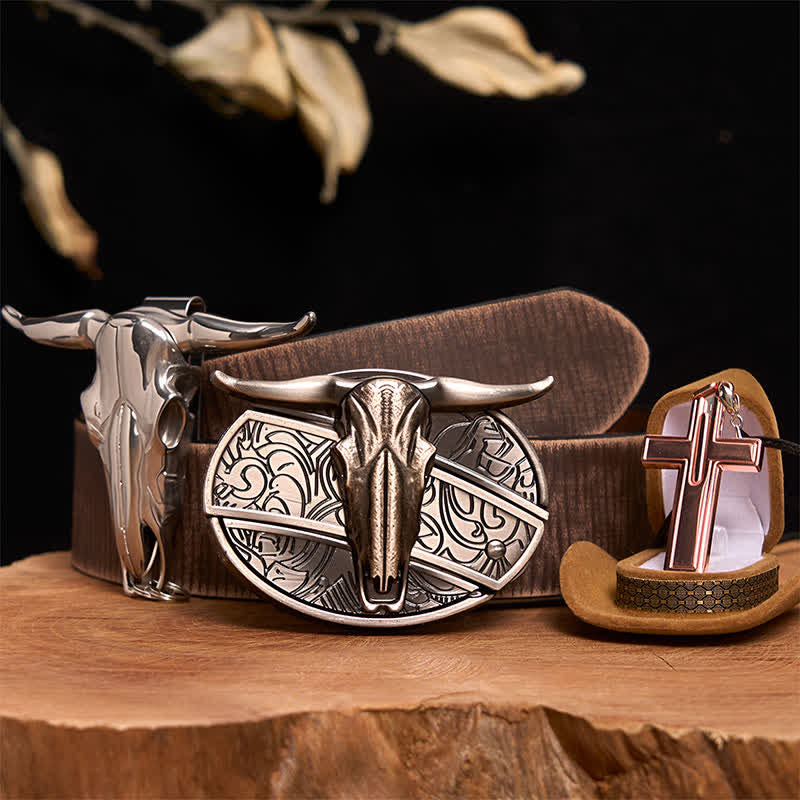 Longhorn Bull DIY Hidden Knife Belt Buckle Cross Necklace Bundle Set - Image 7