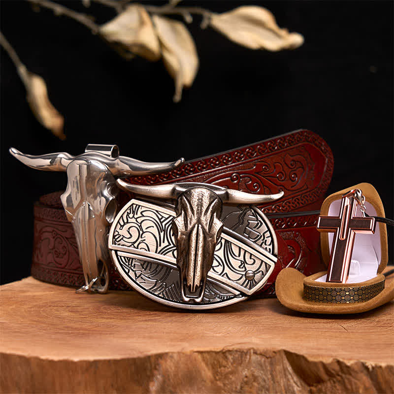 Longhorn Bull DIY Hidden Knife Belt Buckle Cross Necklace Bundle Set - Image 8
