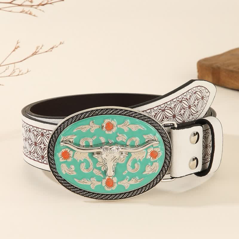 Longhorn Bull Turquoise-Tone Buckle Embossed Leather Belt