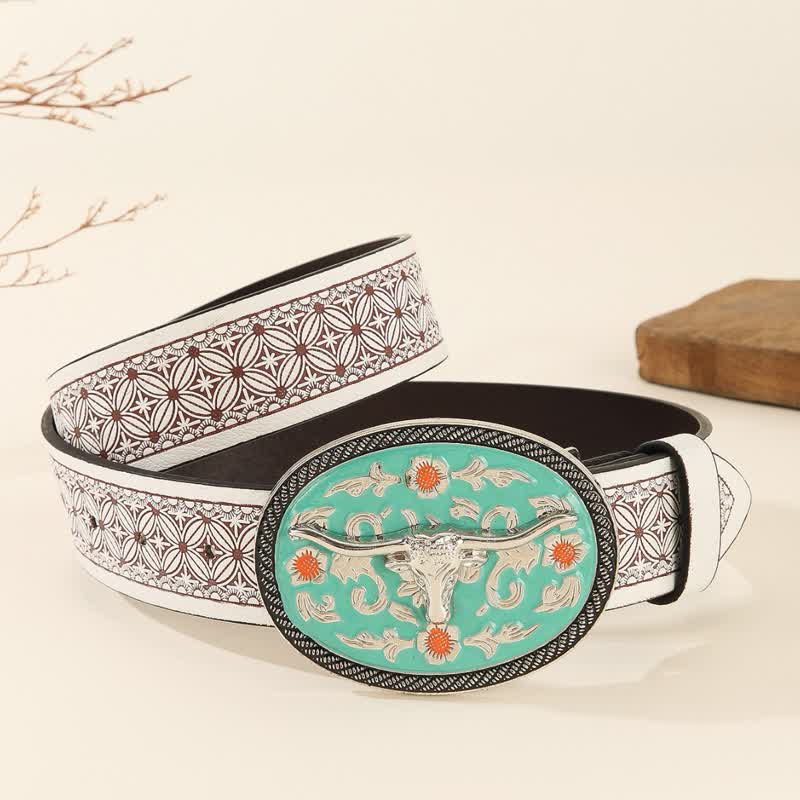 Longhorn Bull Turquoise-Tone Buckle Embossed Leather Belt - Image 2