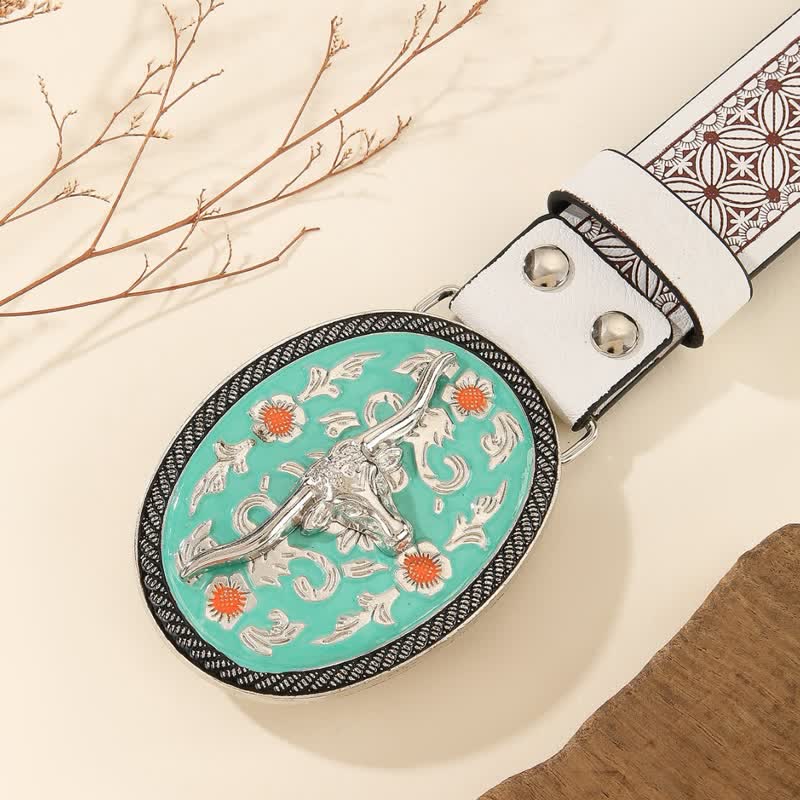 Longhorn Bull Turquoise-Tone Buckle Embossed Leather Belt - Image 3