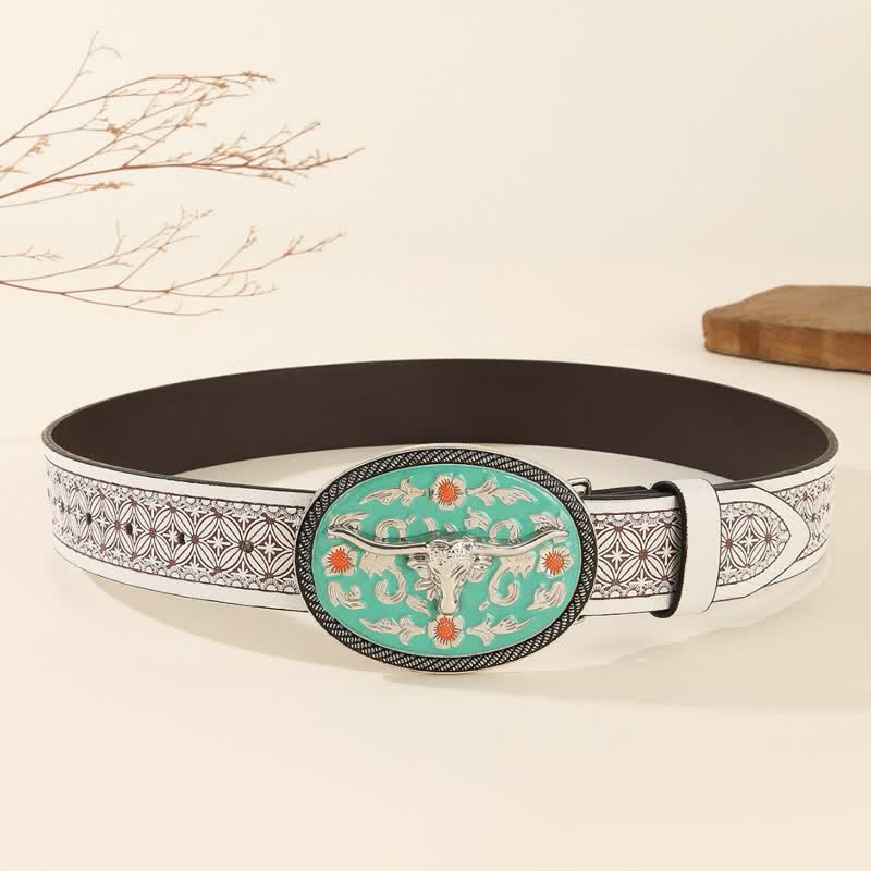Longhorn Bull Turquoise-Tone Buckle Embossed Leather Belt - Image 4