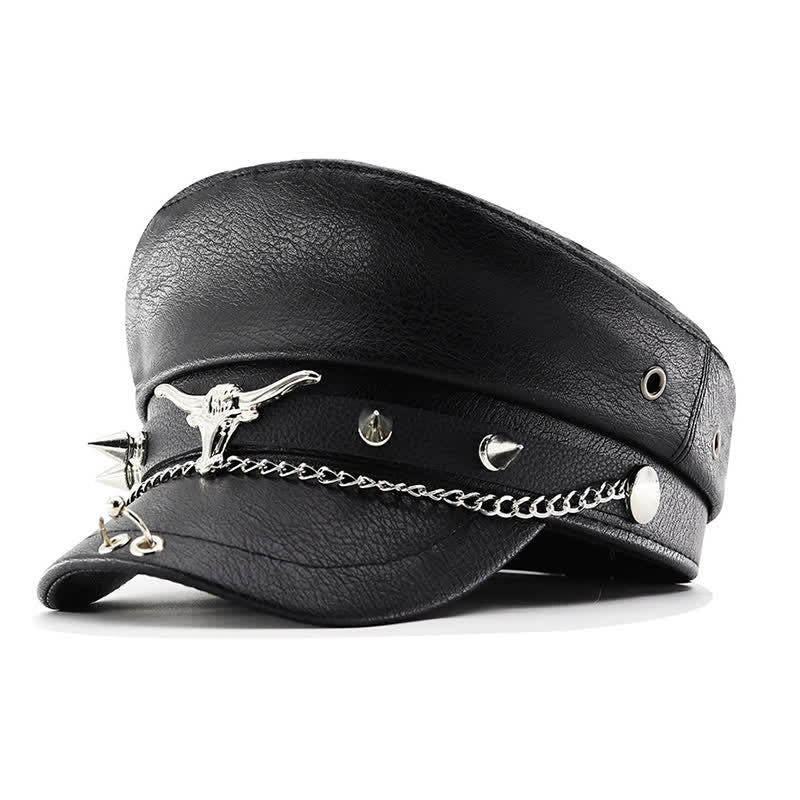 Longhorn Rivets Black Leather Beret Hat With Chain