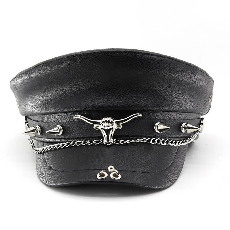 Longhorn Rivets Black Leather Beret Hat With Chain - Image 2