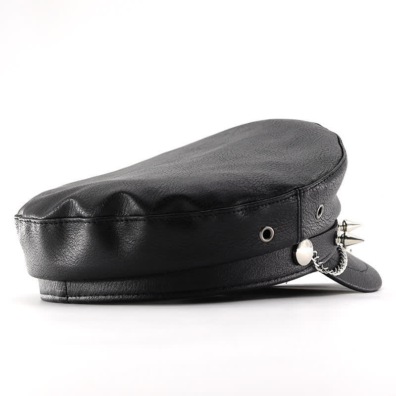 Longhorn Rivets Black Leather Beret Hat With Chain - Image 3
