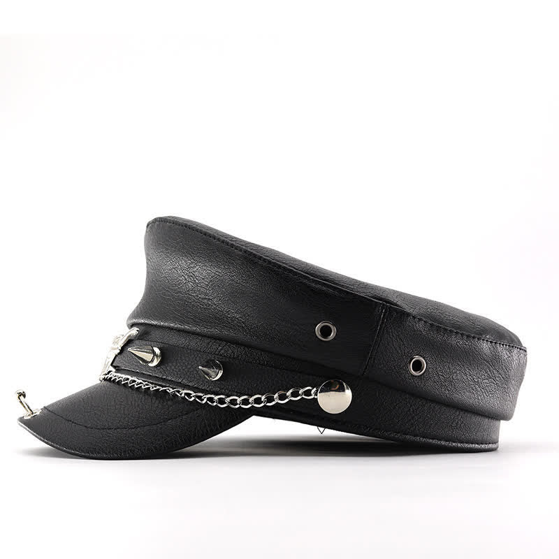 Longhorn Rivets Black Leather Beret Hat With Chain - Image 4
