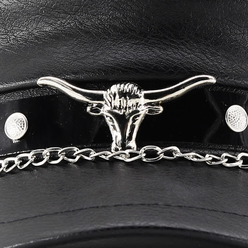 Longhorn Rivets Black Leather Beret Hat With Chain - Image 5