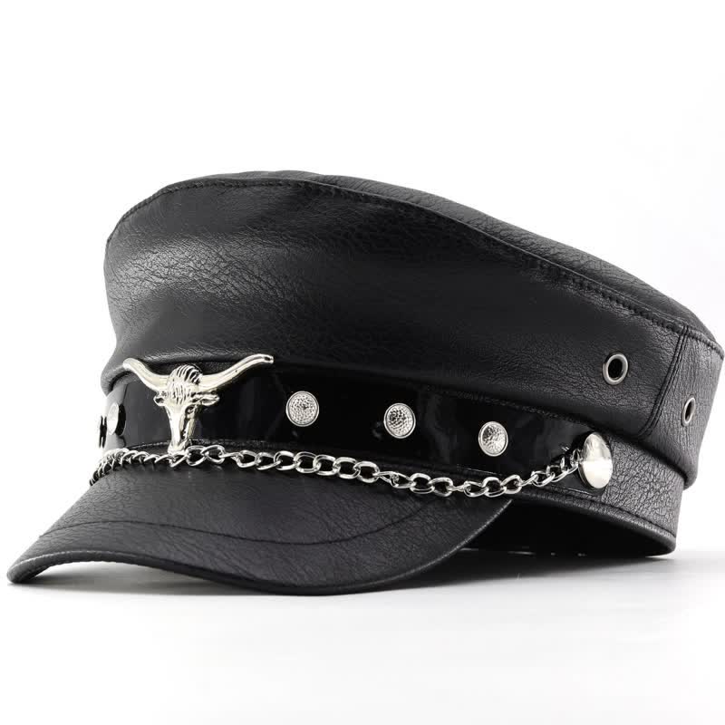 Longhorn Rivets Black Leather Beret Hat With Chain - Image 7