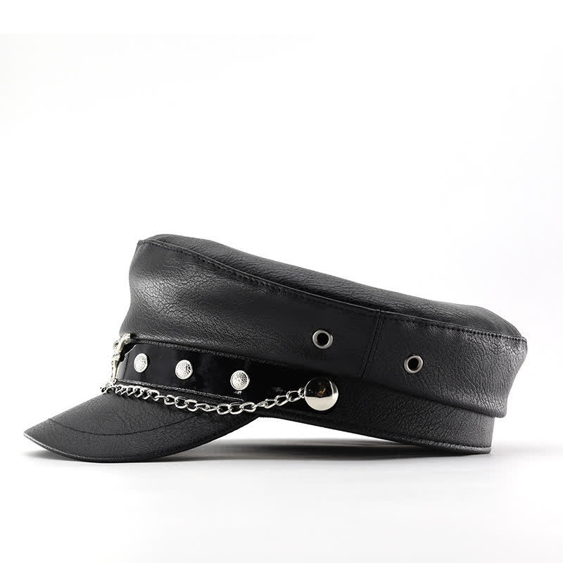 Longhorn Rivets Black Leather Beret Hat With Chain - Image 8