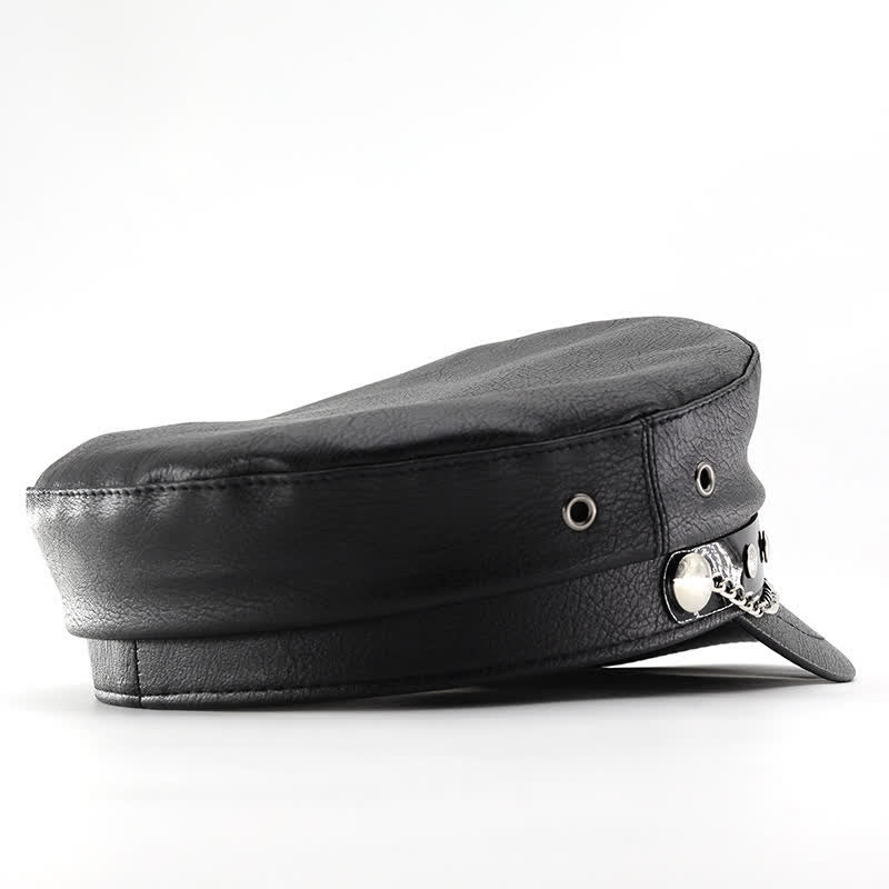 Longhorn Rivets Black Leather Beret Hat With Chain - Image 9