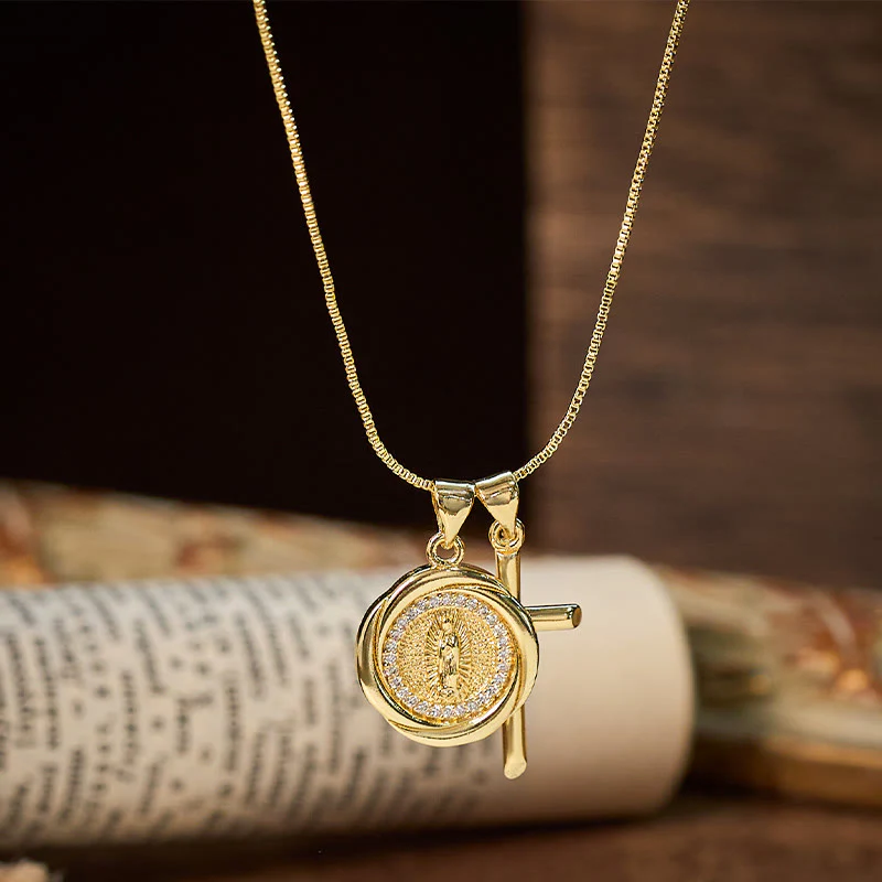 Lustrous Gold-Tone Metal Seal & Cross Dual-Pendant Necklace