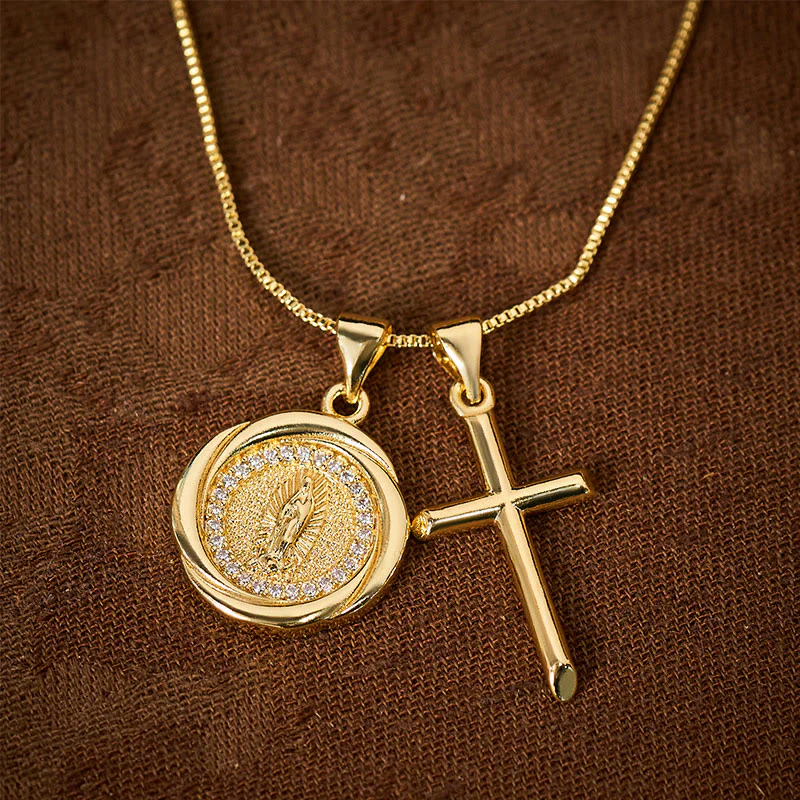 Lustrous Gold-Tone Metal Seal & Cross Dual-Pendant Necklace - Image 3