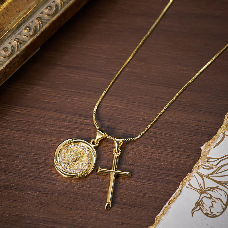 Lustrous Gold-Tone Metal Seal & Cross Dual-Pendant Necklace - Image 4