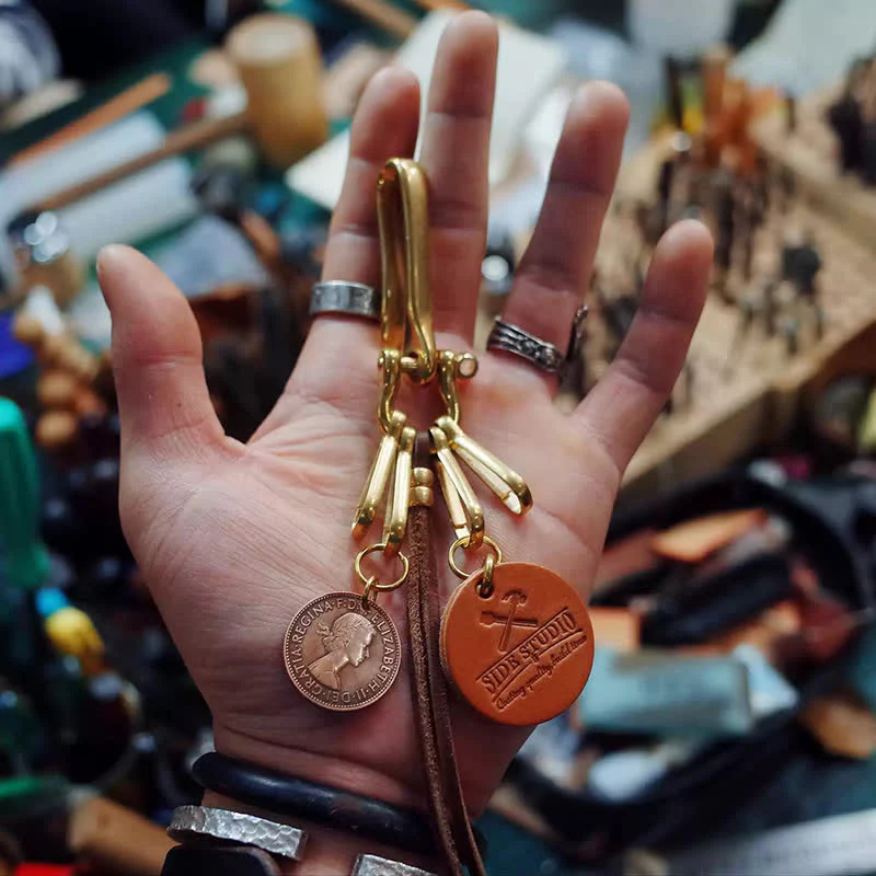 Mechanic Style Antique Brass Coin Belt Clip Leather Keychain - Image 2