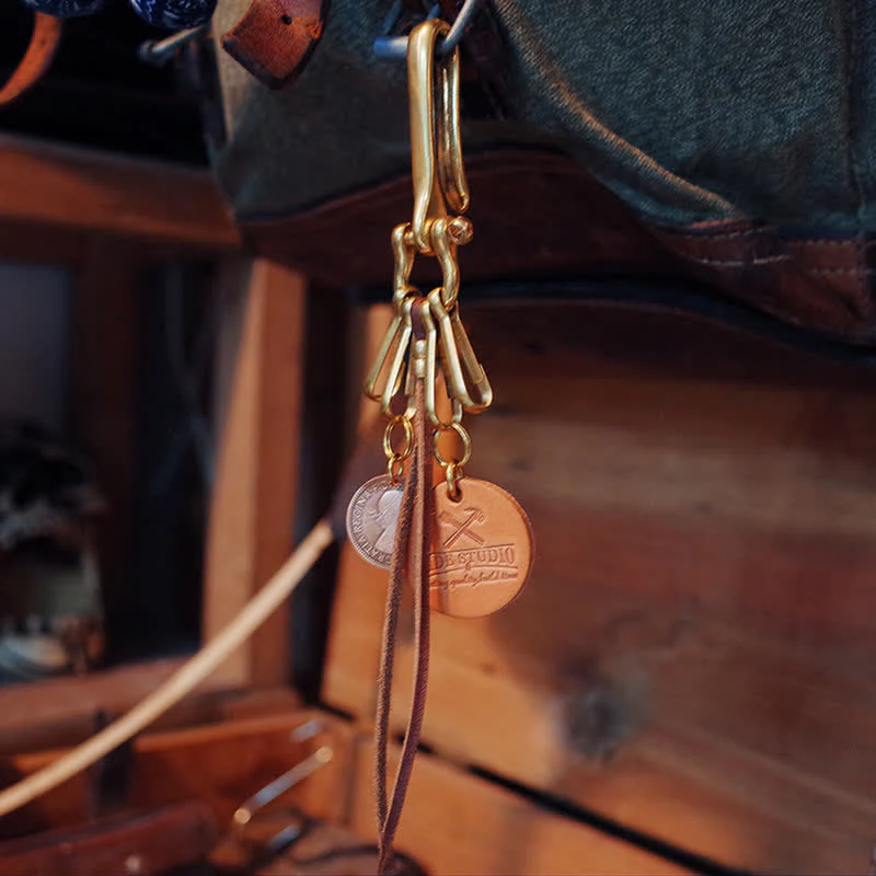 Mechanic Style Antique Brass Coin Belt Clip Leather Keychain - Image 5