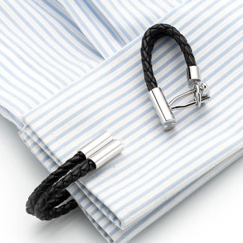 Men's 1 Pair Black Wedding Knit Button Braided Leather Cufflinks - Image 3