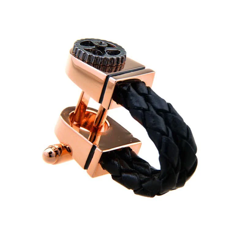 Men's 1 Pair Rose Gold Gear Braided Leather Cufflinks - Image 3