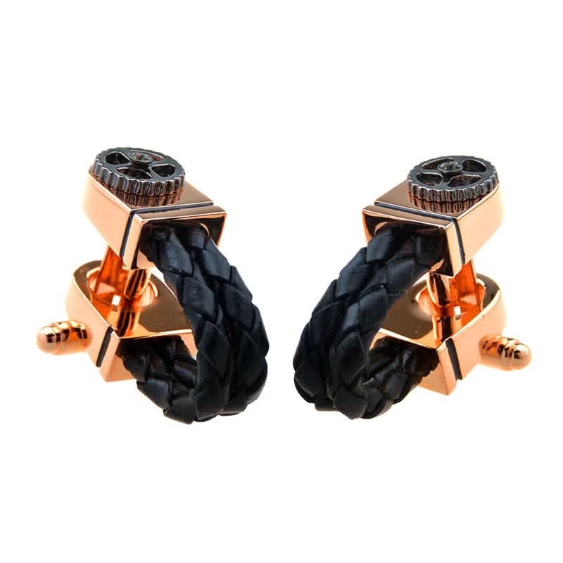 Men's 1 Pair Rose Gold Gear Braided Leather Cufflinks - Image 4