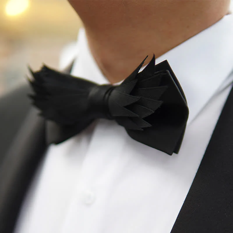 Men's All Black Layered Wings Shape Bow Tie - Image 6