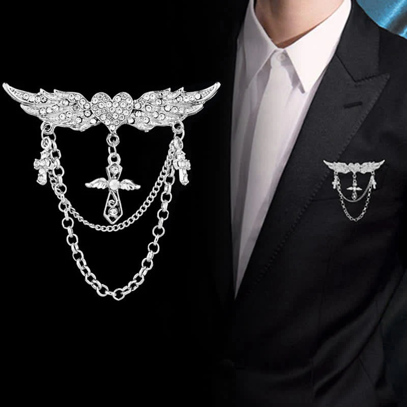 Men's Angel Wings Heart Cross Tassel Brooch - Image 2