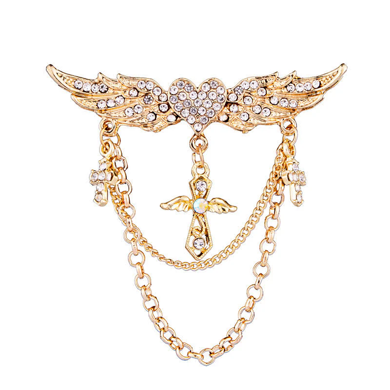 Men's Angel Wings Heart Cross Tassel Brooch - Image 3