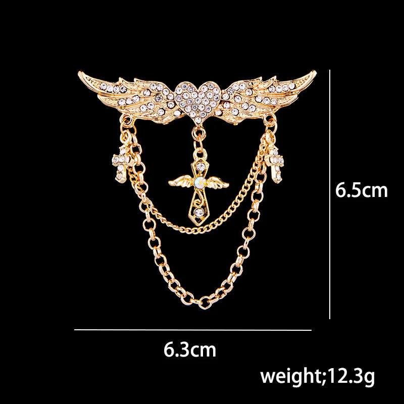 Men's Angel Wings Heart Cross Tassel Brooch - Image 5