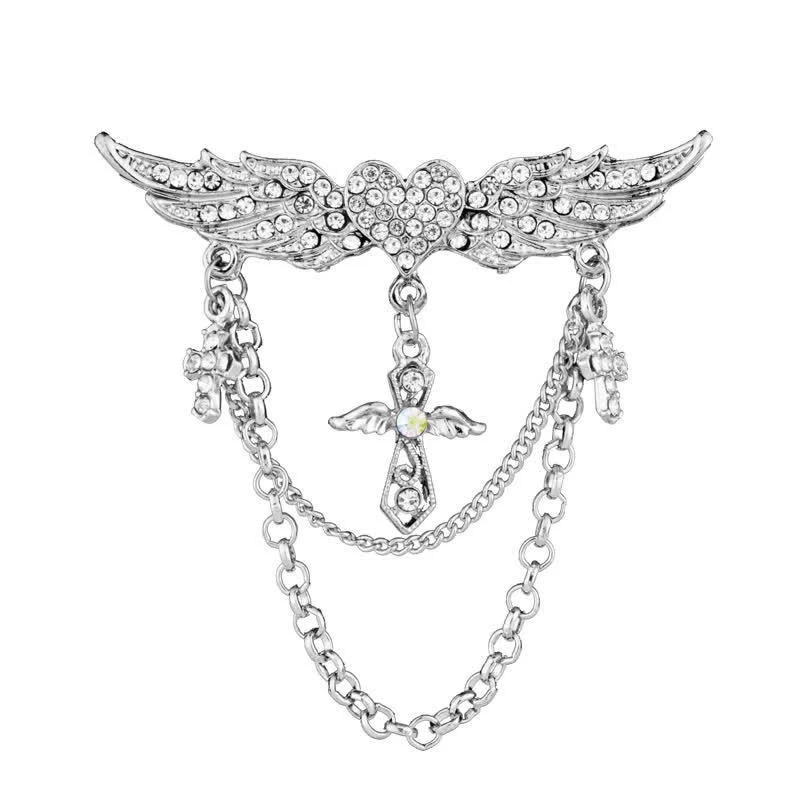Men's Angel Wings Heart Cross Tassel Brooch - Image 6