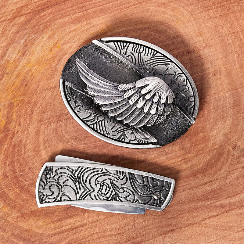 Men's DIY Angel Wings Hidden Folding Knife Leather Belt - Image 3