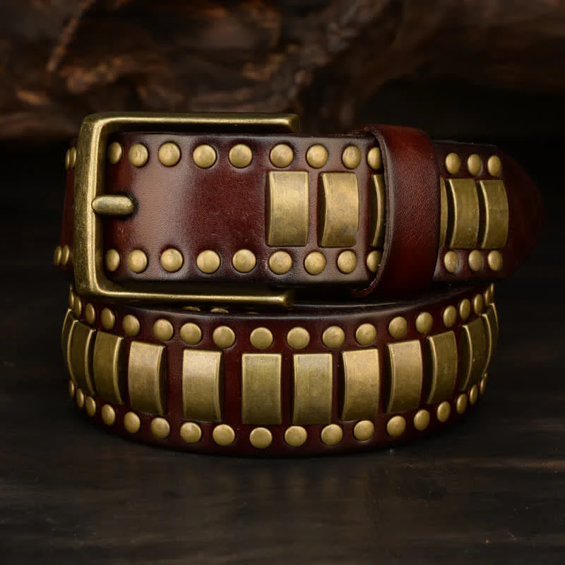 Men's Antique Gold Round Square Rivets Leather Belt