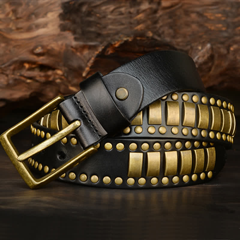 Men's Antique Gold Round Square Rivets Leather Belt - Image 10