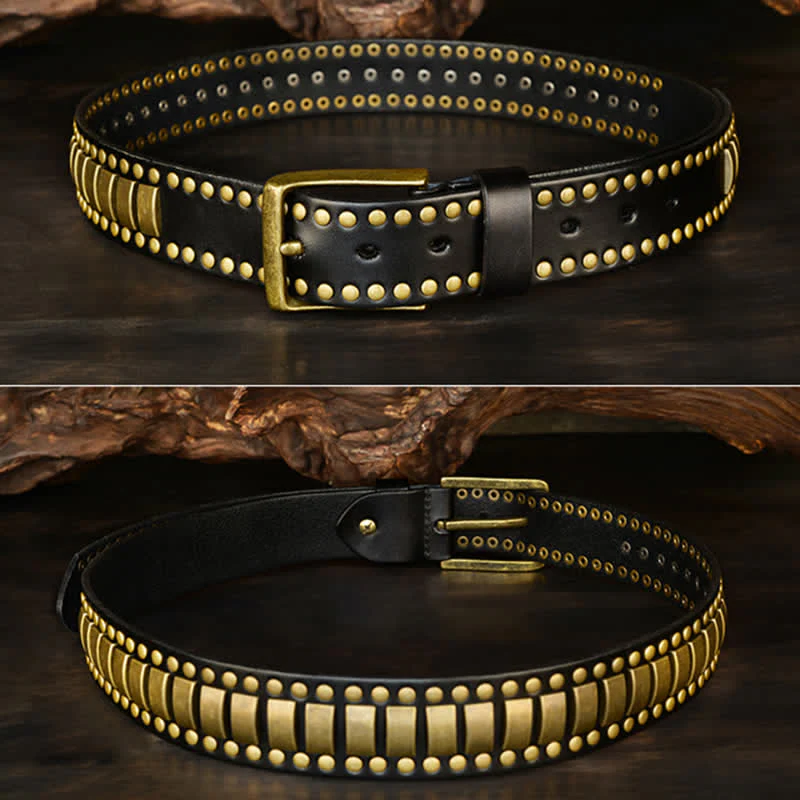 Men's Antique Gold Round Square Rivets Leather Belt - Image 11
