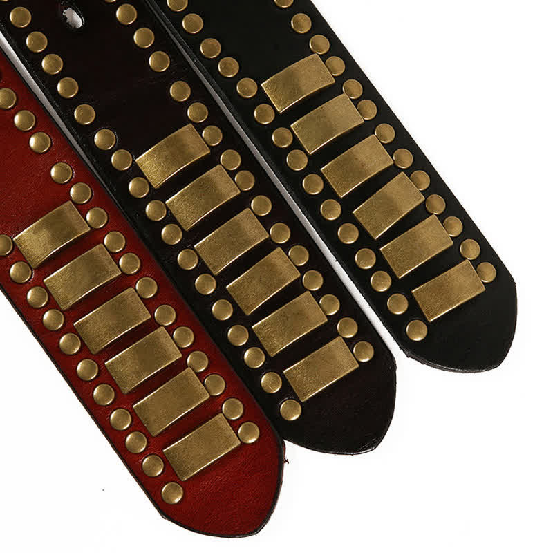 Men's Antique Gold Round Square Rivets Leather Belt - Image 13