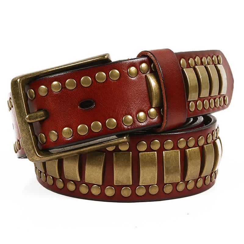 Men's Antique Gold Round Square Rivets Leather Belt - Image 14