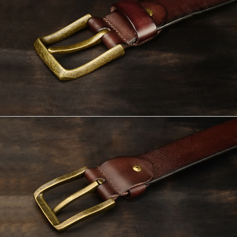 Men's Antique Gold Round Square Rivets Leather Belt - Image 3