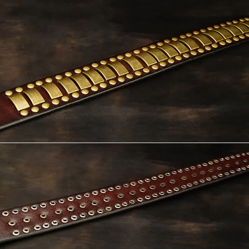 Men's Antique Gold Round Square Rivets Leather Belt - Image 4