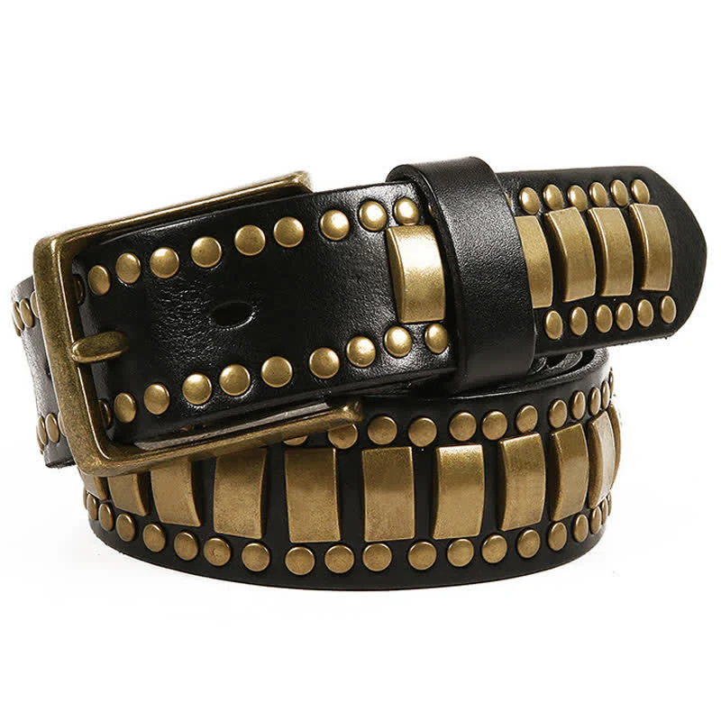 Men's Antique Gold Round Square Rivets Leather Belt - Image 5