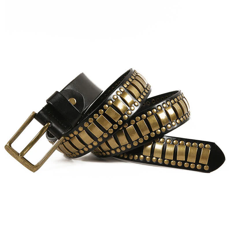 Men's Antique Gold Round Square Rivets Leather Belt - Image 6